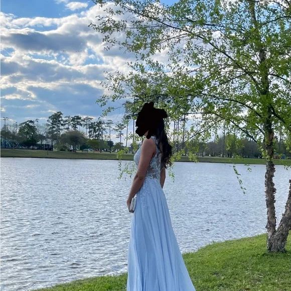 Jovani Light Blue Lace Prom Dress - Picture 2 of 5